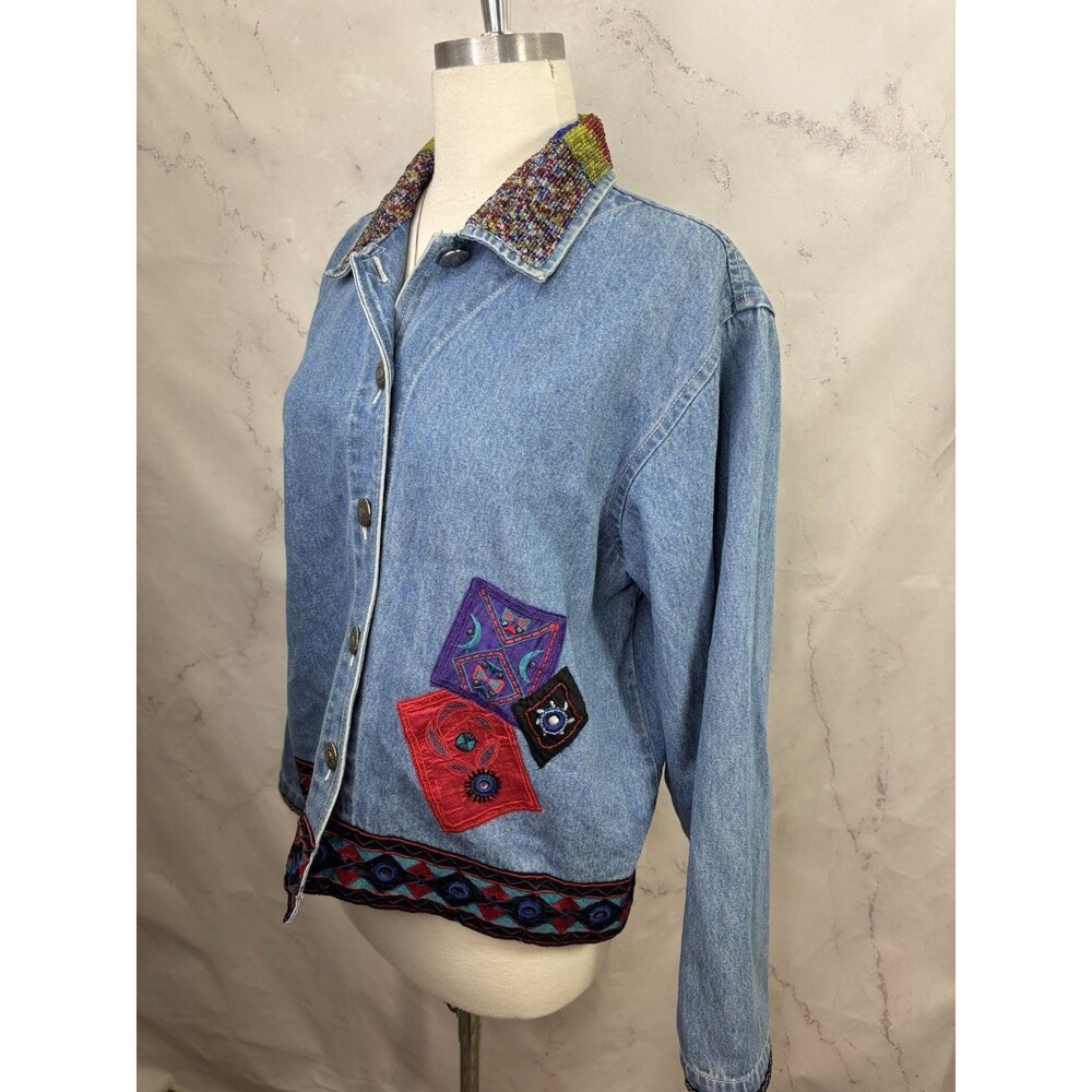 Vintage 90s Patchwork Denim Jacket M Beaded Collar Southwestern Concho Artsy L - Picture 16 of 16